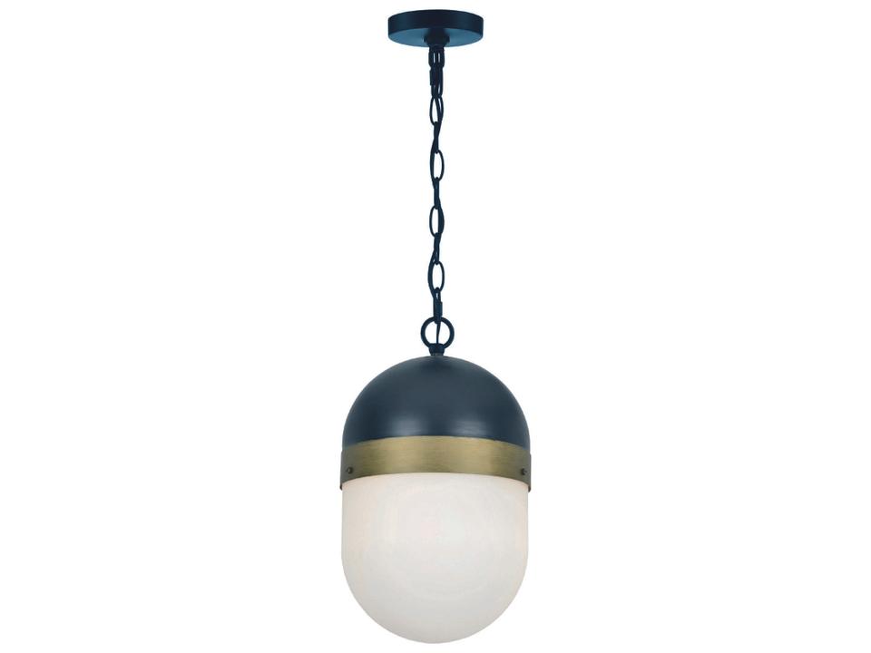 Capsule 1-Light Outdoor Pendant in Matte Black and Textured Gold with White Glass