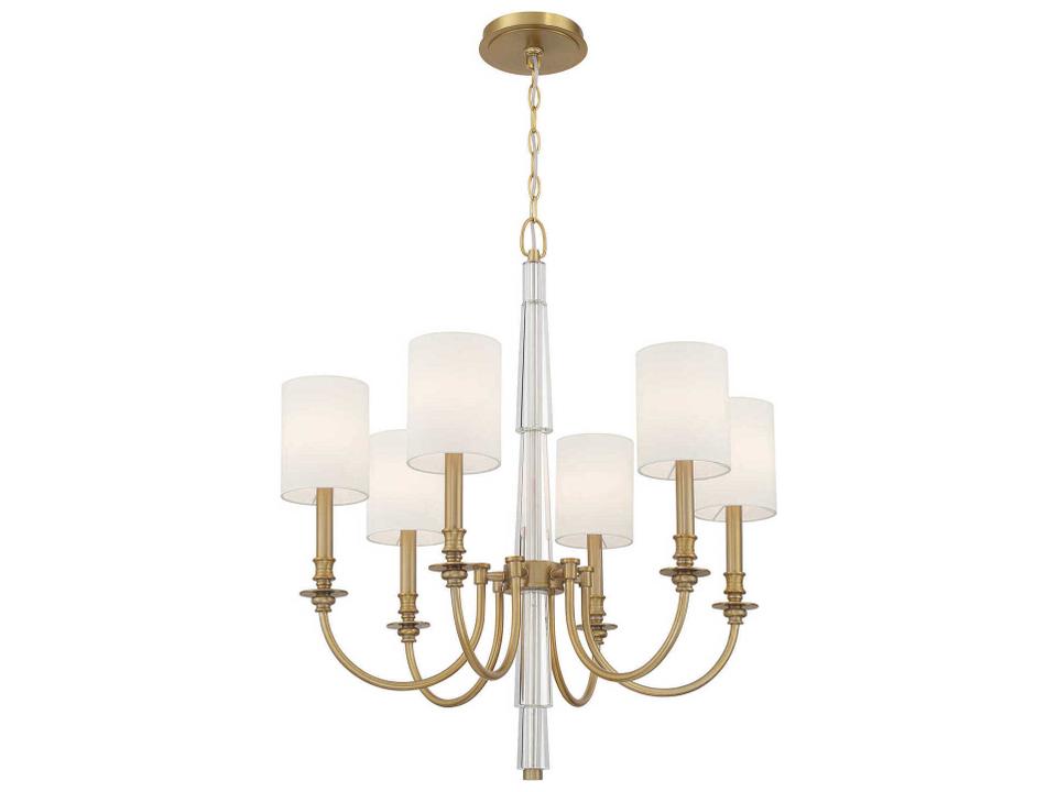 Lloyd 6-Light Chandelier with White Silk Shade and Crystal Column in Aged Brass