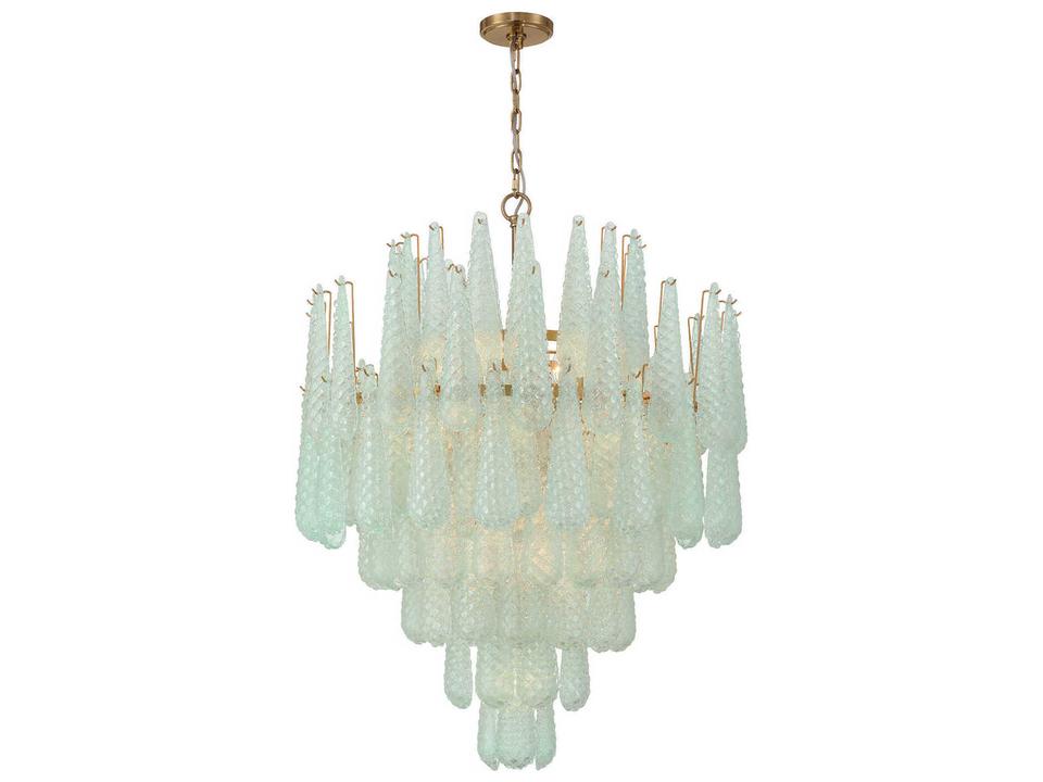 Ollie 21-Light Chandelier in Aged Brass with Green Glass