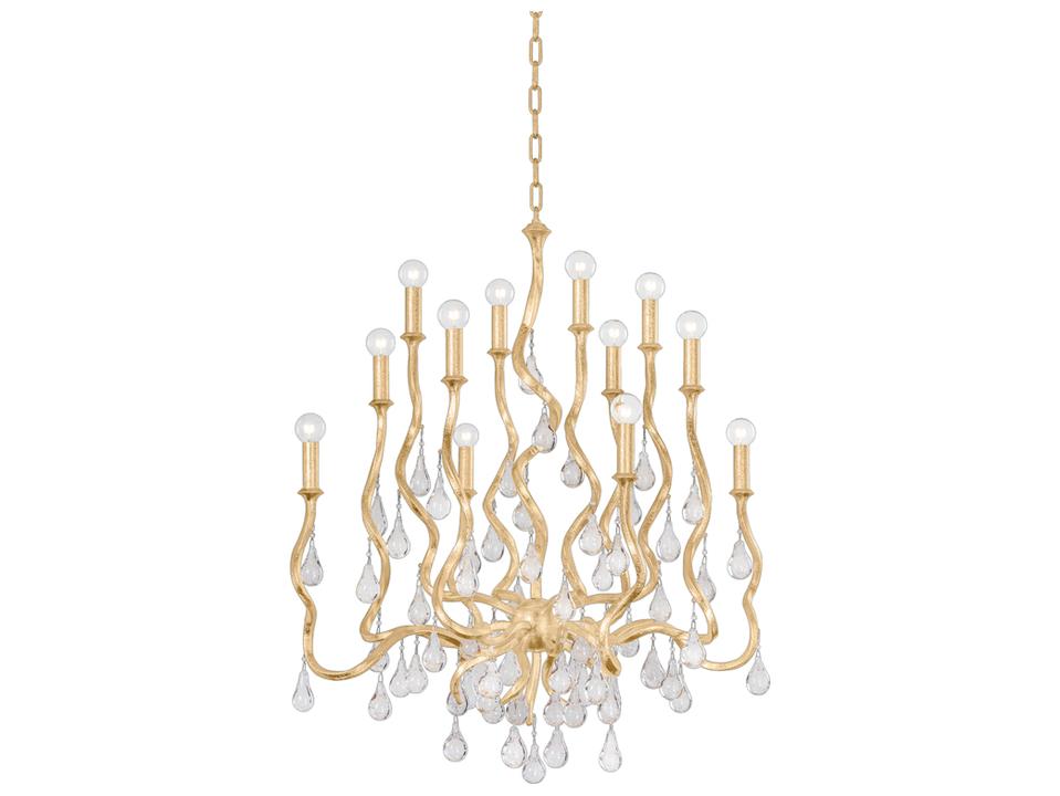 Aveline 12-Light Chandelier in Gold Leaf with Craquelle Crystal Drops