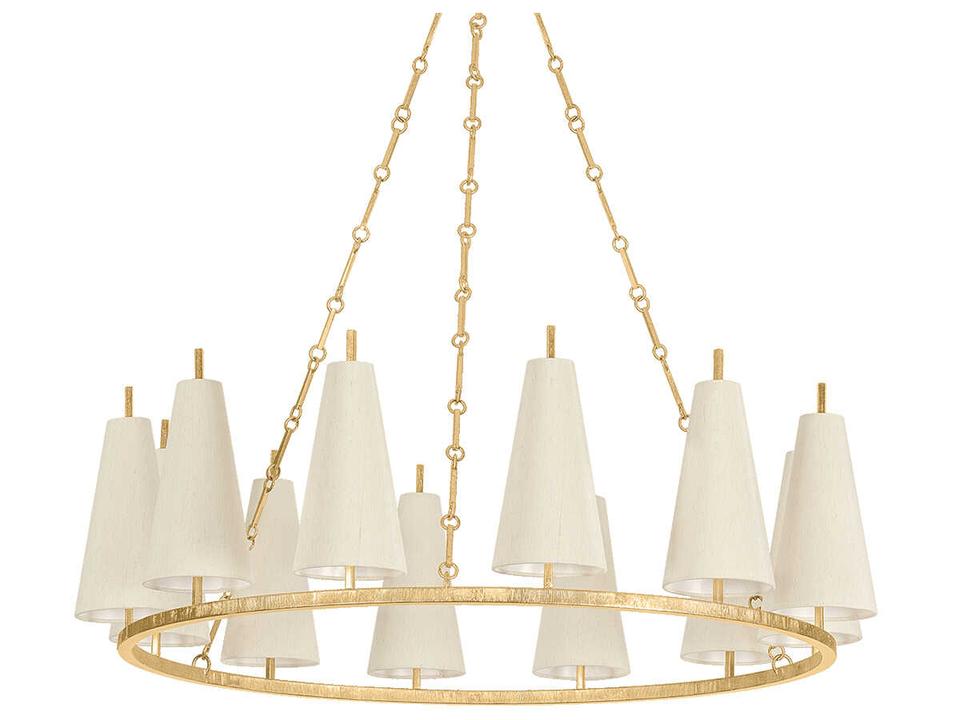 Tirana 12-Light Chandelier in Vintage Gold Leaf with Raw Silk Shades