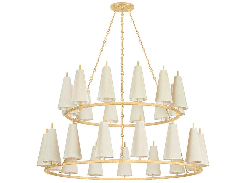 Tirana 27-Light Chandelier in Vintage Gold Leaf with Raw Silk Shades