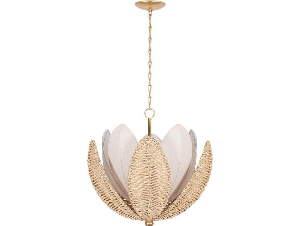 Costa Brava 5-Light Chandelier in Vintage Gold Leaf with Coco Shell and Linen Shade