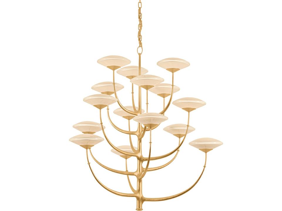 Pluro 15-Light Vintage Gold Leaf Off White Tiered Bowl Chandelier