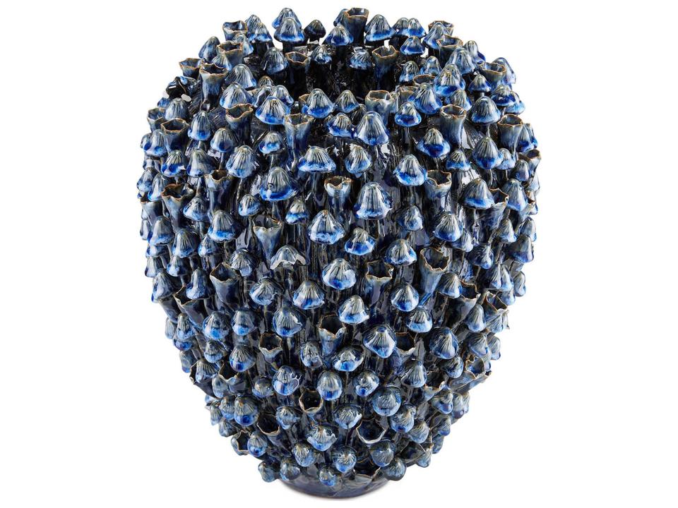 Currey and Company Manitapi Large Blue Vase with Handmade Terracotta Flowers