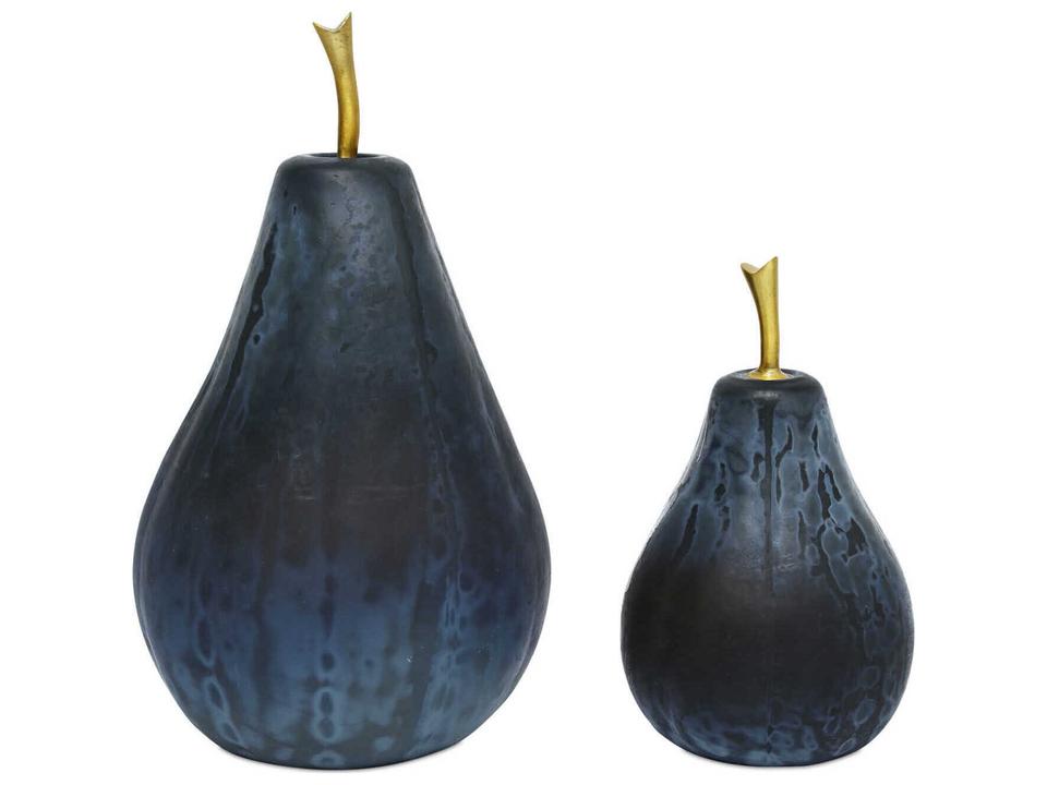 Glass Pear Decorative Object Set in Dark Blue and Brass