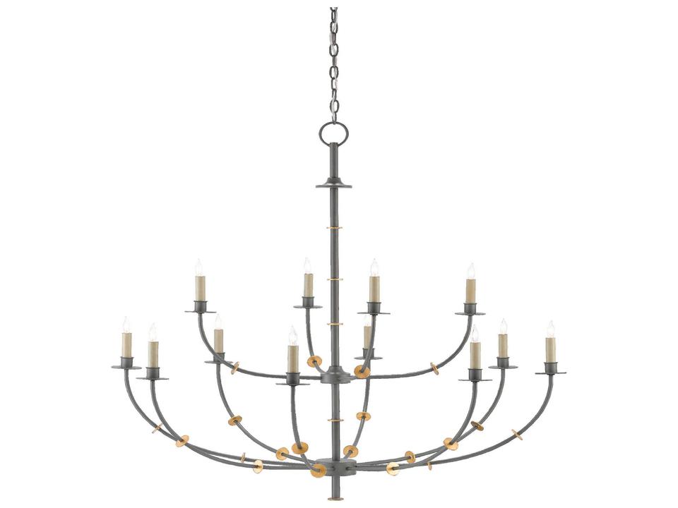 Currey and Company 12-Light Balladier Chandelier in Hiroshi Gray and Gold Leaf