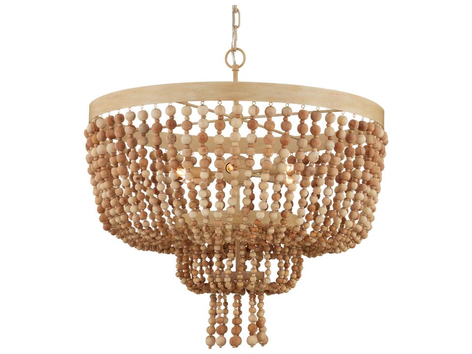 Currey and Company 6-Light Sabia Wood Bead Chandelier in Natural Coco Cream