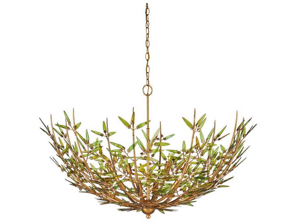 Currey and Company 8-Light Babylon Chandelier with Green Glass and Contemporary Gold Leaf