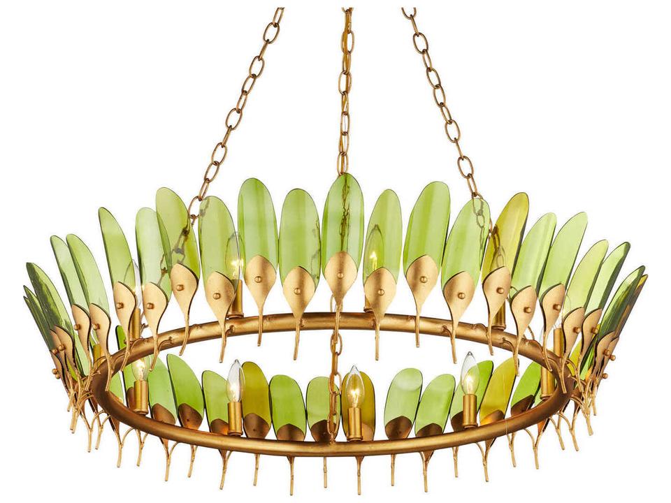 Currey and Company 11-Light Selavy Chandelier in Green Glass and Gold Leaf