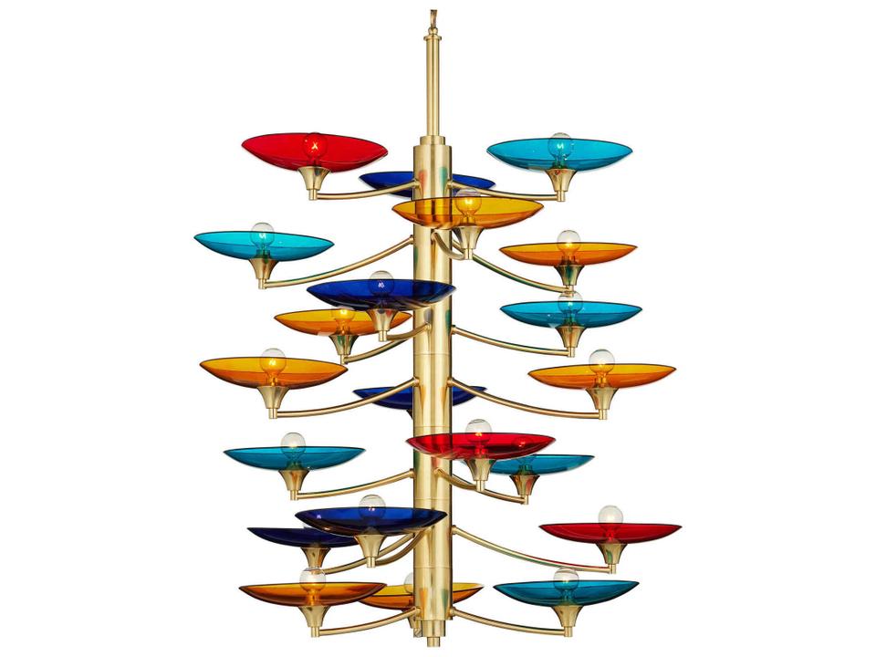Currey and Company 21-Light Veneto Chandelier in Blue Yellow Red and Polished Brass