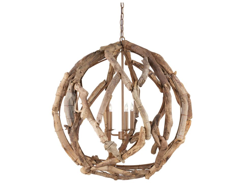 Currey and Company 3-Light Driftwood Orb Chandelier in Natural Washed Driftwood