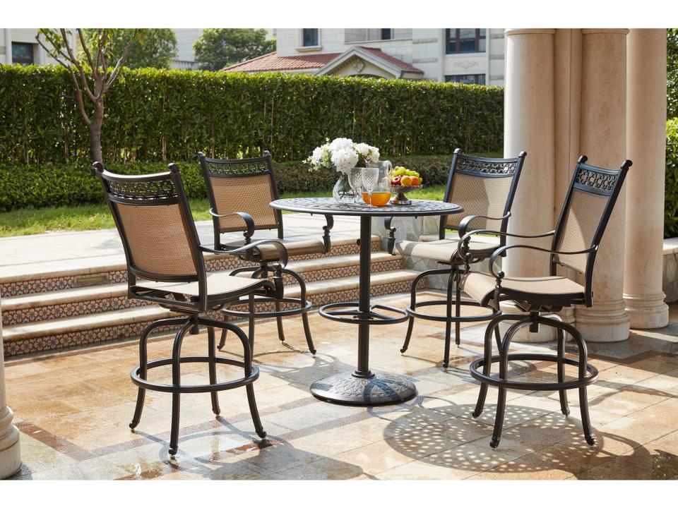 Mountain View Cast Aluminum 5-Piece Pedestal Bar Set with 42 Inch Round Pedestal Bar Table in Antique Bronze