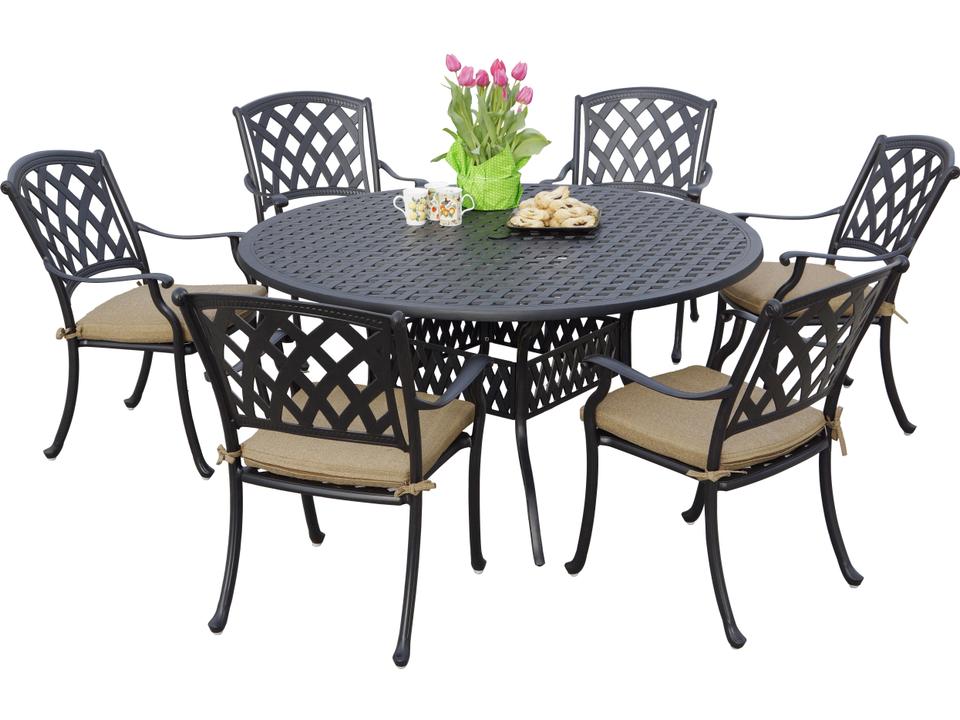 Ocean View 7-Piece Cast Aluminum 60-Inch Round Dining Set with Cushions