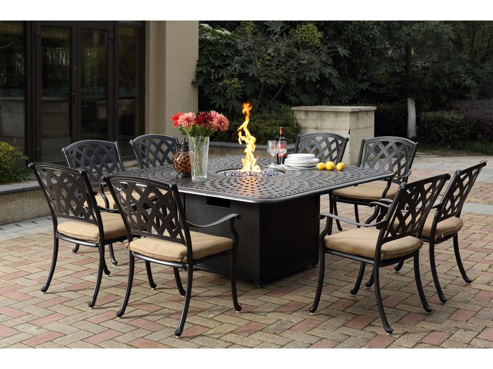 Ocean View 9-Piece Propane Fire Pit Dining Set with 64-Inch Square Table