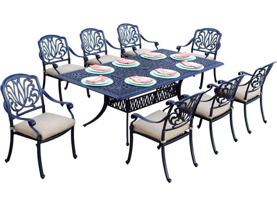 Elisabeth Cast Aluminum 9-Piece Dining Set with Cushions and 44 x 84'' Rectangular Dining Table