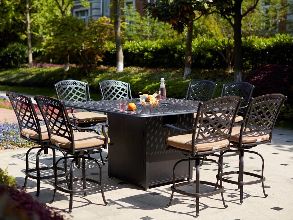Sedona 9 Piece Cast Aluminum Square Fire Pit Counter Set in Antique Bronze