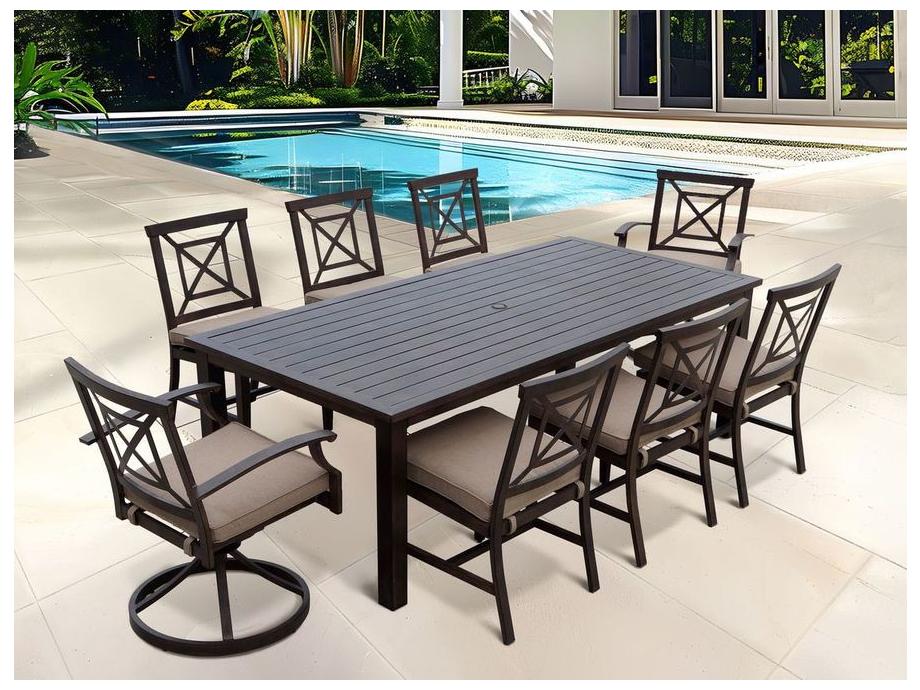 Atlantis 9-Piece Rectangular Walnut Aluminum Dining Set with Beige Cushions