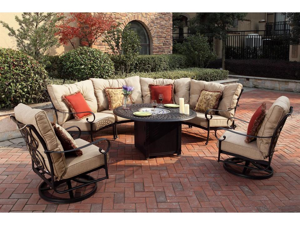 Santa Anita Cast Aluminum Antique Bronze 7 Piece Fire Pit Sectional Lounge Set