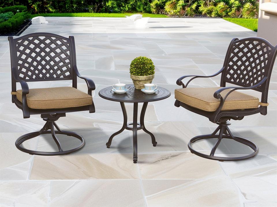 Nassau Cast Aluminum Antique Bronze Lounge Set in Sesame Cushions and 24'' Wide Round End Table