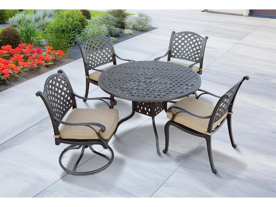 Nassau 48-Inch Round Cast Aluminum 5-Piece Dining Set in Antique Bronze