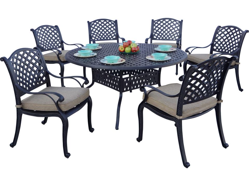 Nassau 60-Inch Round Cast Aluminum 7 Piece Dining Set in Antique Bronze