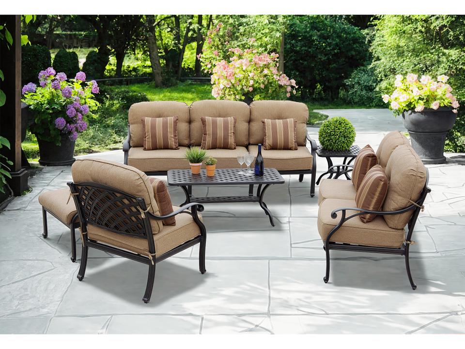 Nassau Cast Aluminum Antique Bronze 6 Piece Lounge Set with Sesame Cushions