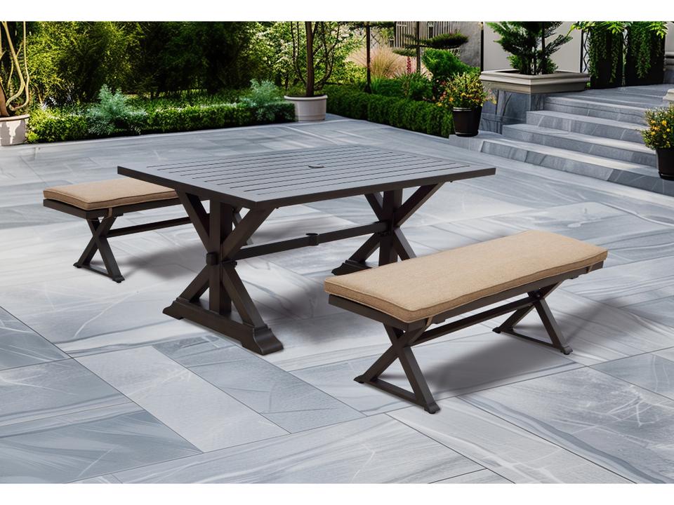 Brooklyn 3 Piece Aluminum Rectangular Dining Set with Sesame Cushions