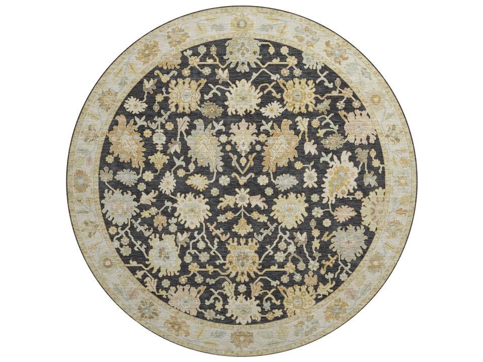 Hatay Black Bordered Round Washable Indoor Outdoor Area Rug 8x8