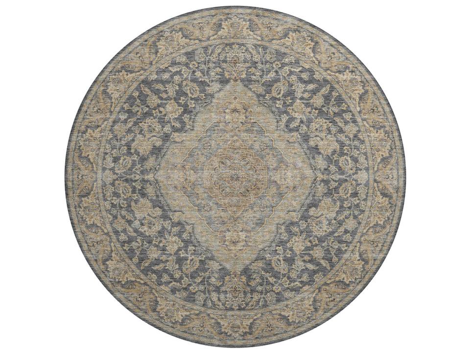 Hatay Bordered Round Area Rug in Charcoal Polyester Microfiber