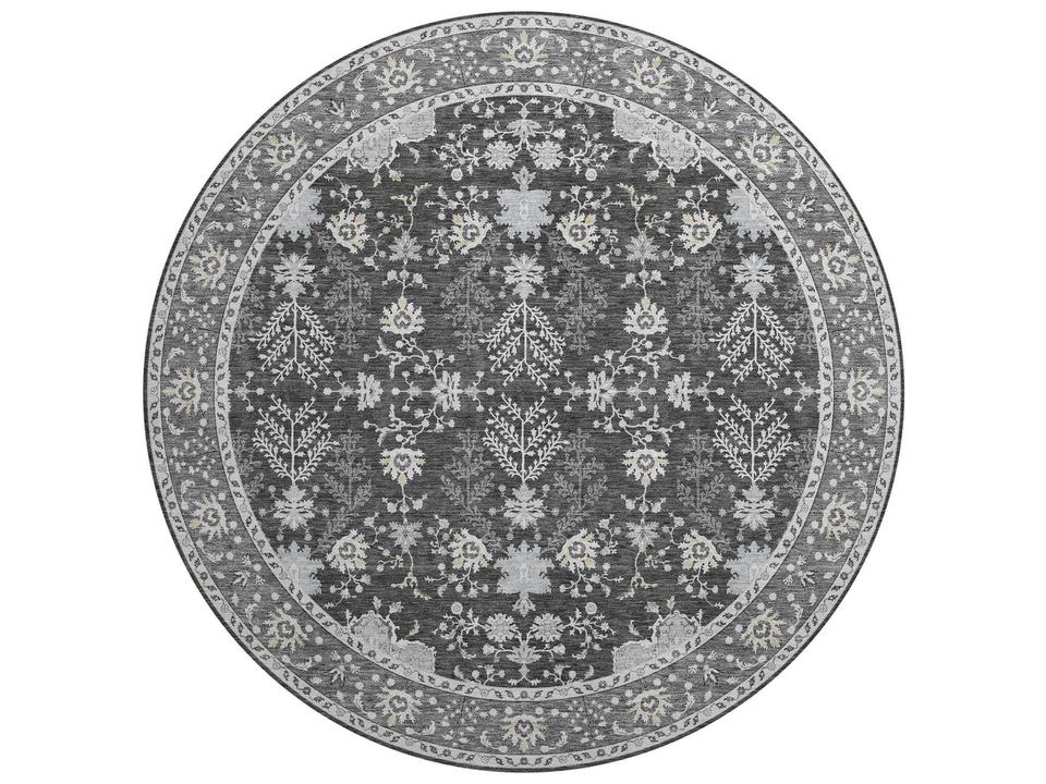 Hatay Charcoal Bordered Machine Washable Round Area Rug