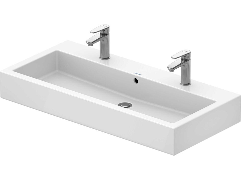 Vero 39 Inch Ceramic White High Gloss Double Basin Bathroom Sink with 2 Faucet Holes