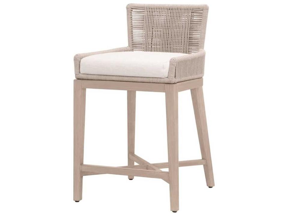 Essentials for Living Woven-Outdoor Teak Cushion Counter Stool in Washed Ever Teak and White Olefin