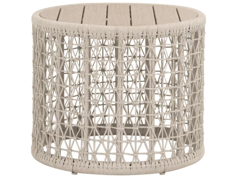 Woven Outdoor Knit Round End Table in Washed Ever Teak and Oat