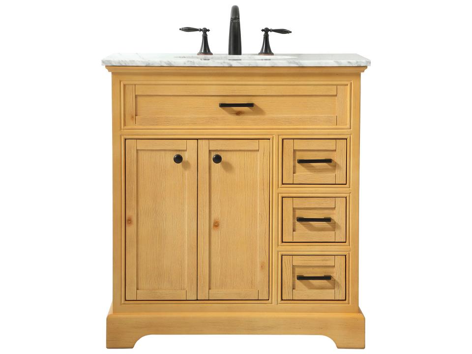 Americana 32-Inch Natural Wood Single Bathroom Vanity with Carrara Marble Top