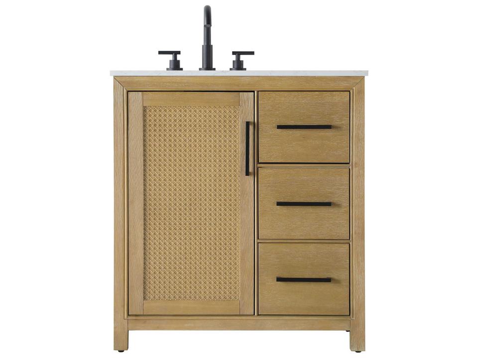 Alina 32-Inch Linen Oak Single Bathroom Vanity with White Engineered Marble Top