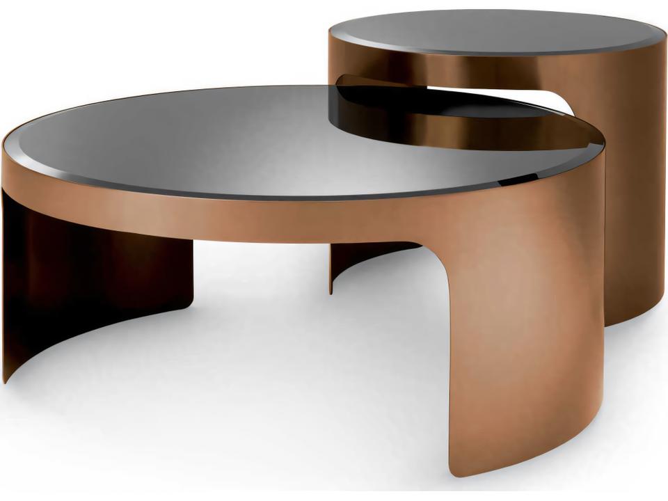 Piemonte Round Coffee Table Set of 2 with Black Bevelled Glass and Brushed Copper Finish