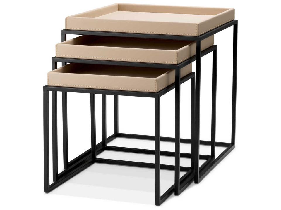 Leonard Matte Black Set of 3 Nesting Side Tables with Faux Leather