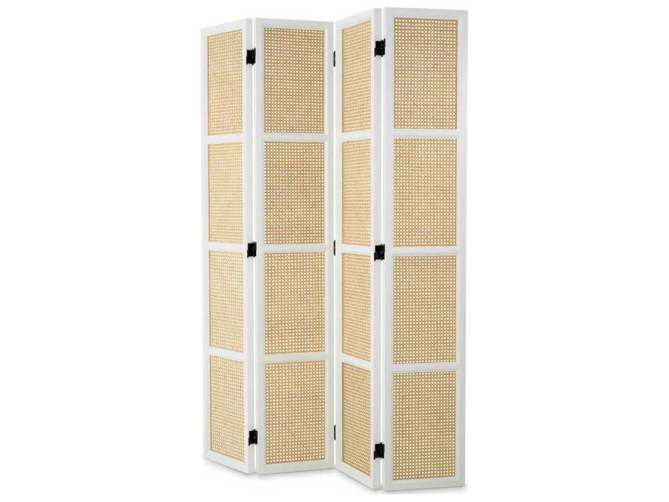 Bahamas Piano White Folding Screen with Natural Cane and Glass Panels