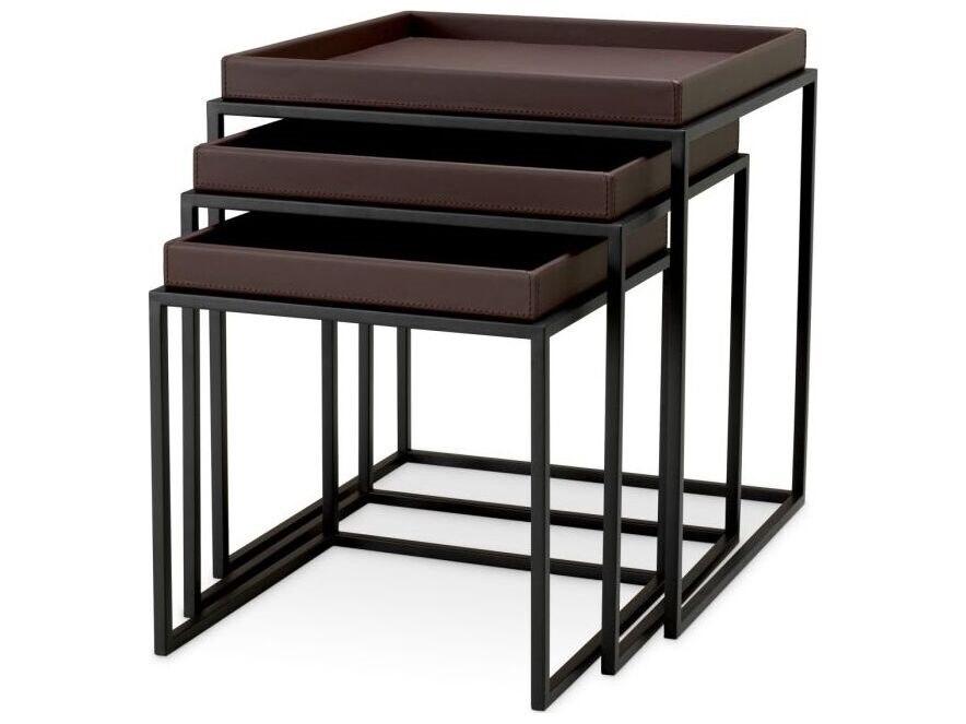 Ethnicraft Side Table Leonard Faux Leather Dark Brown Black Finish Set Of 3