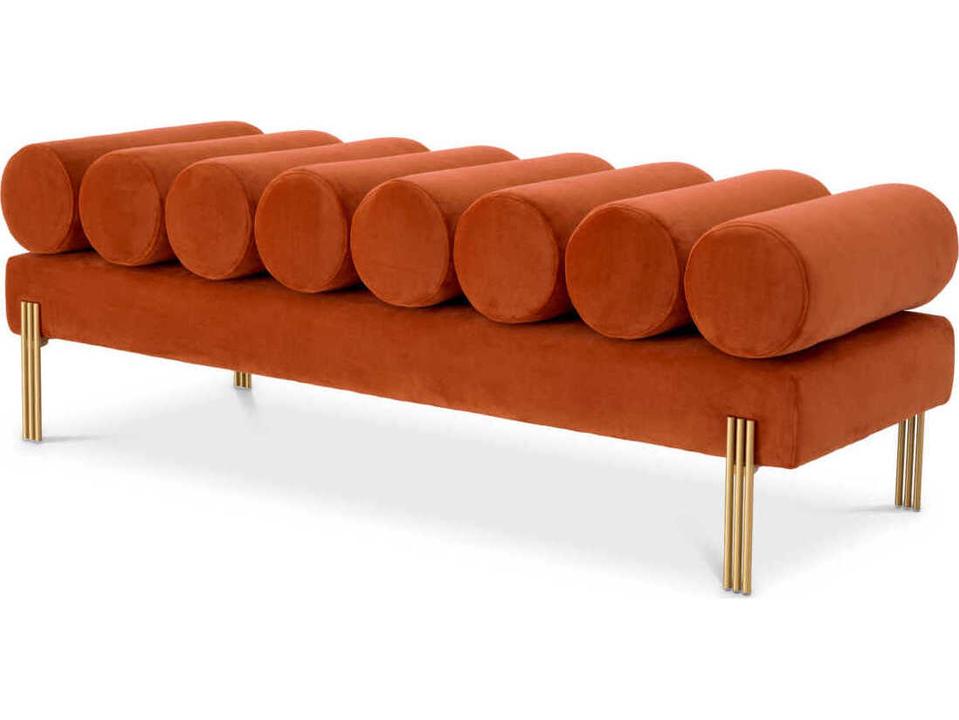 Oxley Orange Velvet Upholstered Accent Bench with Brushed Brass Legs