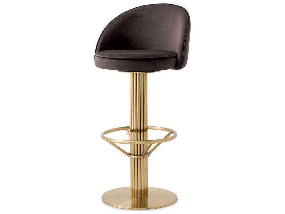 Dorland Bar Stool in Brushed Brass and Roche Dark Grey Velvet