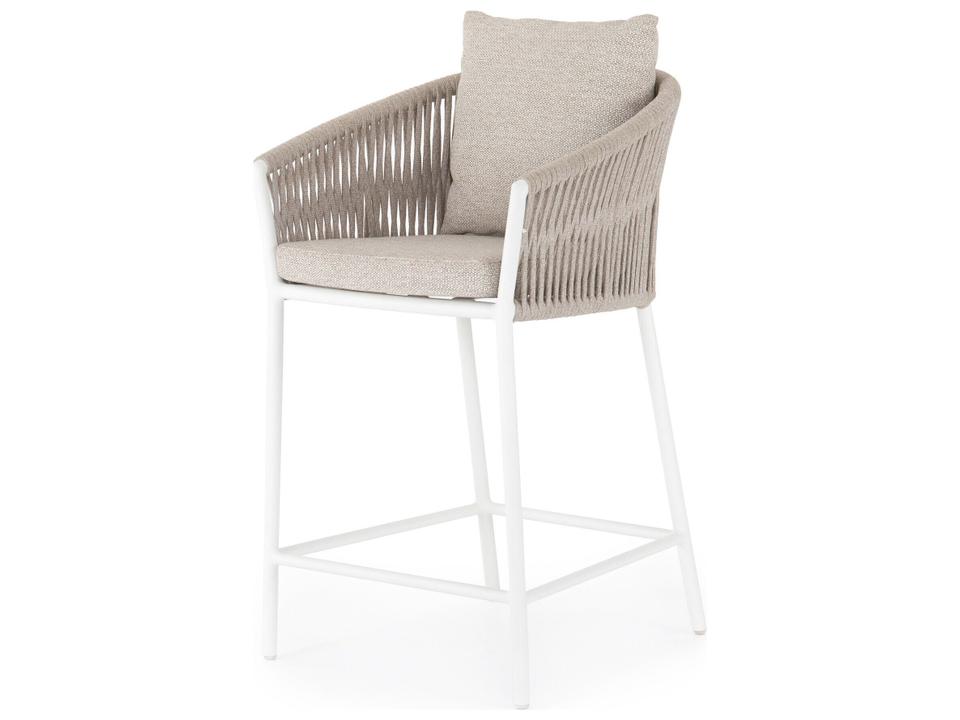 Globetrotter Outdoor White Aluminum Ivory Rope Resin Counter Stool with Faye Sand Cushion