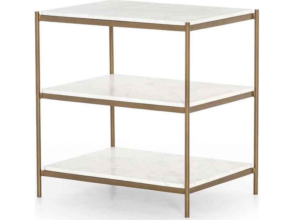 Felix Nightstand Polished White Marble and Antique Brass