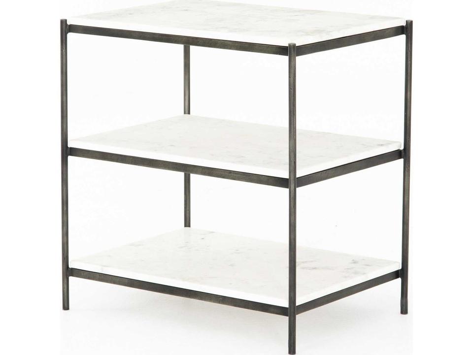Felix 3-Tier Nightstand in Polished White Marble and Hammered Grey Iron