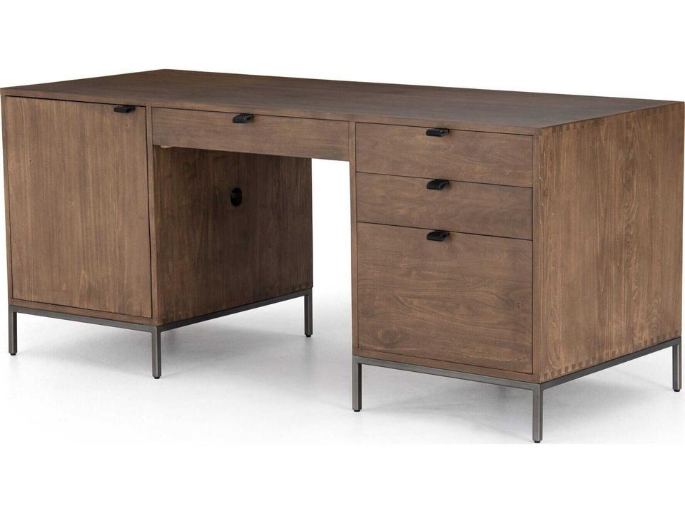 Trey Executive Desk Auburn Poplar Wood with Leather Pulls