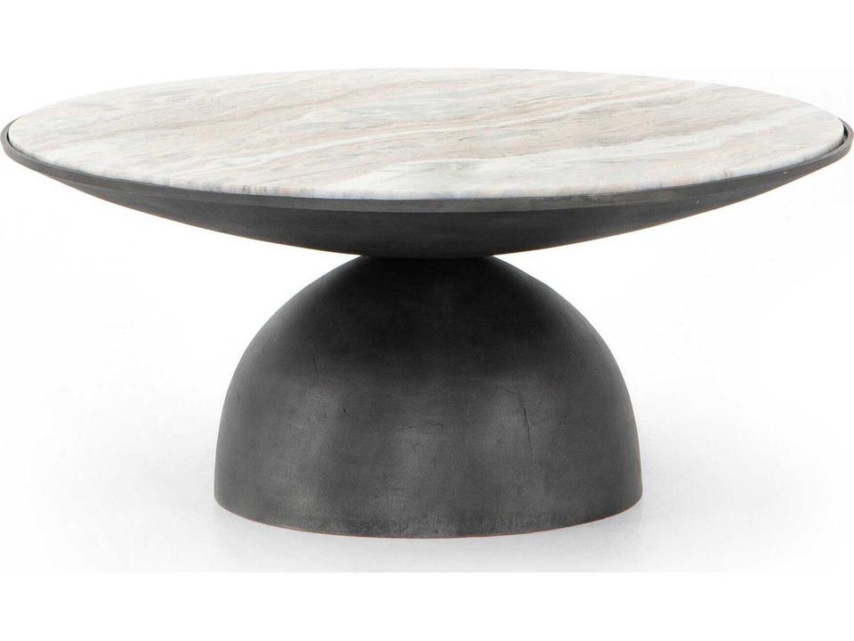 Corbett Round Coffee Table in Creamy Taupe Marble and Hammered Grey