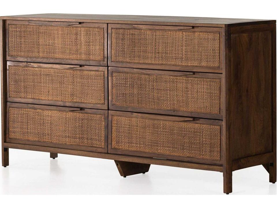Sydney 6-Drawer Mango Wood Dresser with Woven Cane Fronts