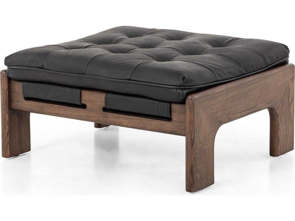 Halston Ottoman Heirloom Black Leather with Ash Frame