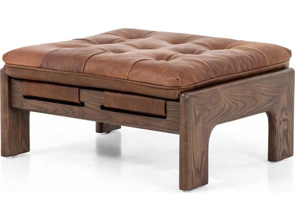 Halston Top-Grain Leather Ottoman in Heirloom Sienna and Ash